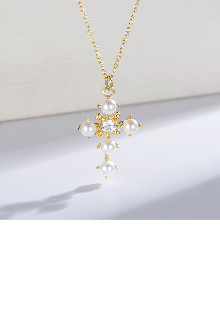 925 Sterling Silver Plated Gold Fashion Elegant Cross Imitation Pearl Pendant with Cubic Zirconia and Necklace - Luxurious Look