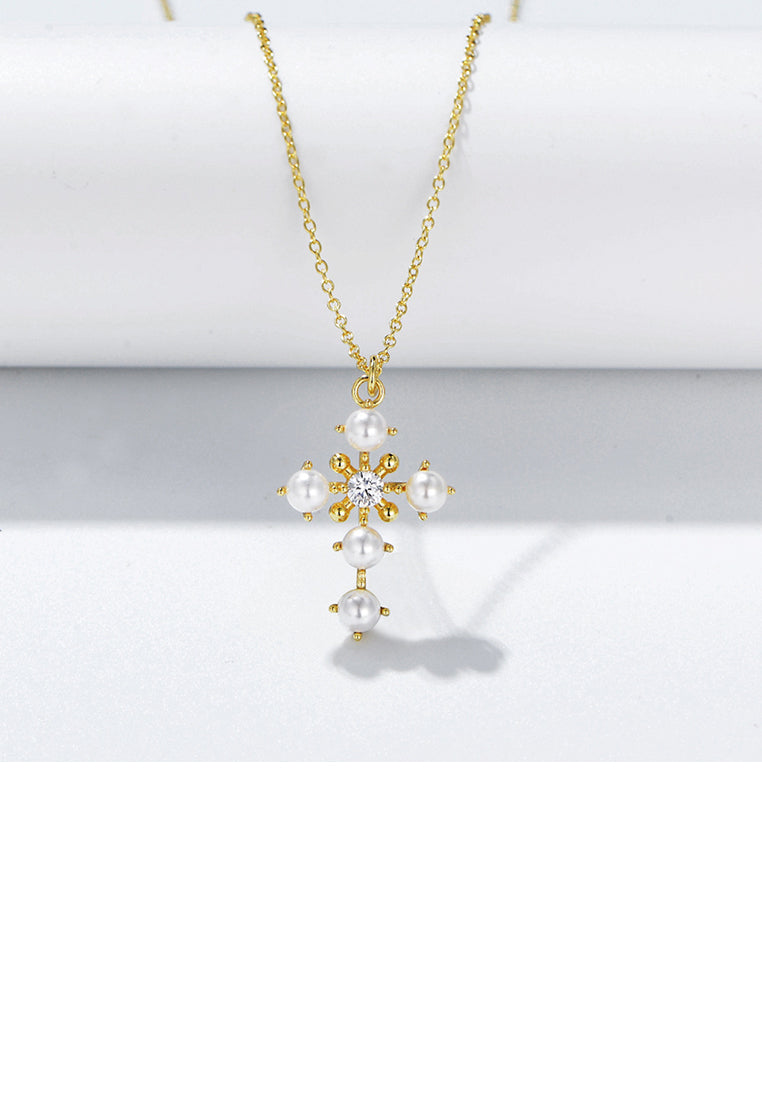 925 Sterling Silver Plated Gold Fashion Elegant Cross Imitation Pearl Pendant with Cubic Zirconia and Necklace - Luxurious Look