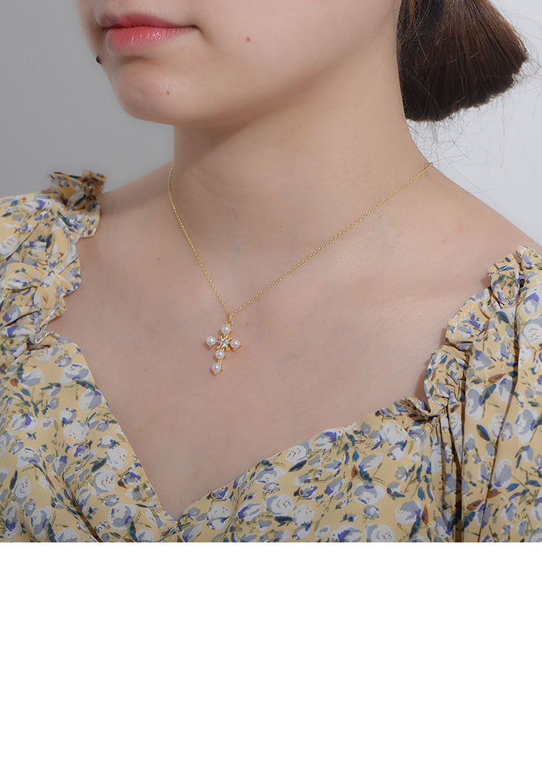 925 Sterling Silver Plated Gold Fashion Elegant Cross Imitation Pearl Pendant with Cubic Zirconia and Necklace - Luxurious Look