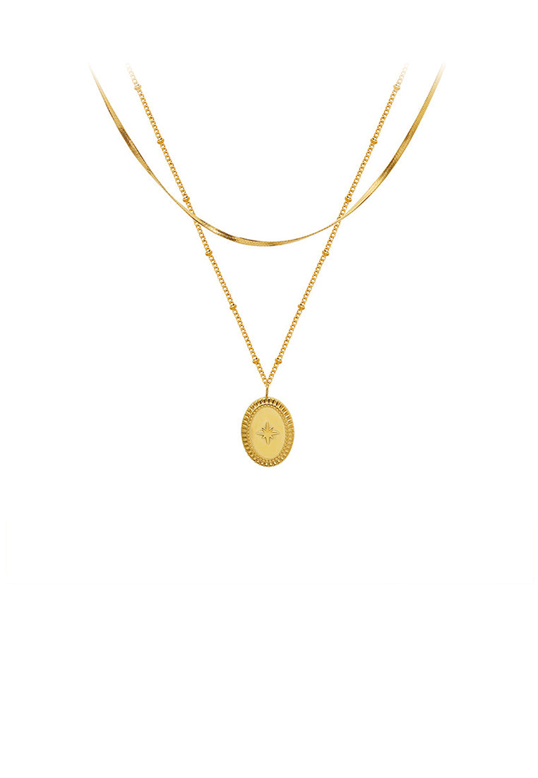 Simple Temperament Plated Gold 316L Stainless Steel Eight-pointed Star Geometric Oval Pendant with Double-layer Necklace