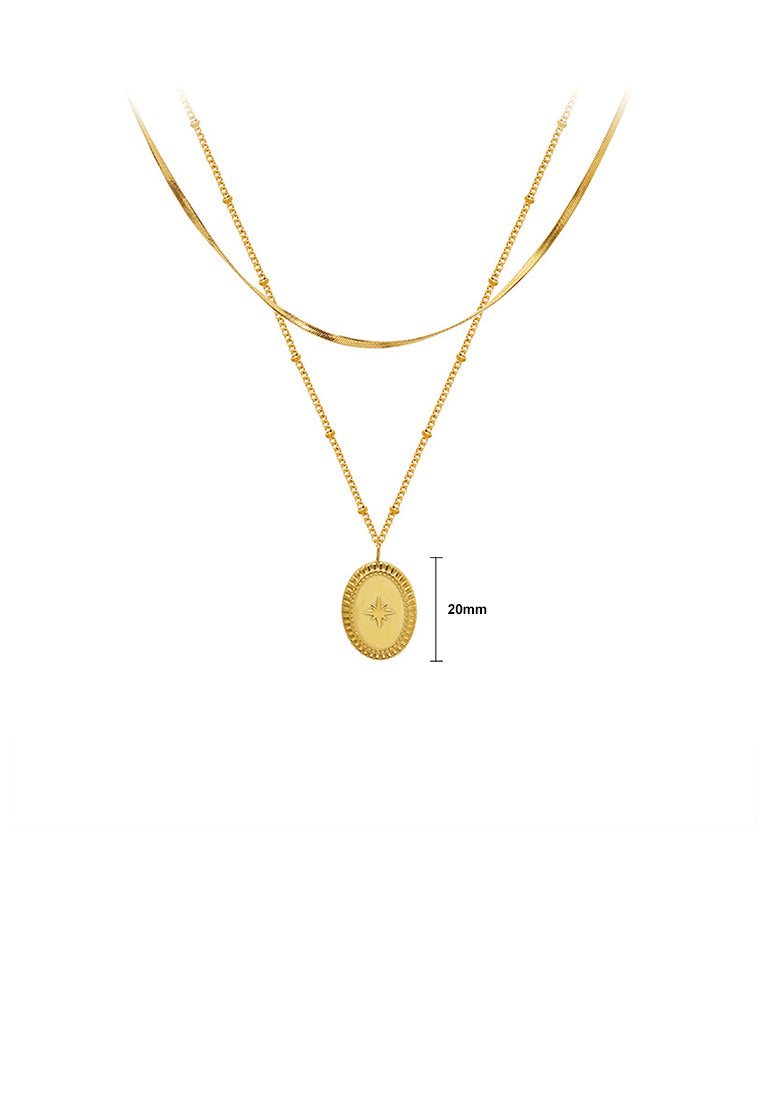 Simple Temperament Plated Gold 316L Stainless Steel Eight-pointed Star Geometric Oval Pendant with Double-layer Necklace