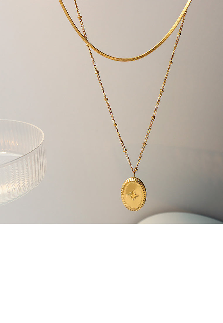 Simple Temperament Plated Gold 316L Stainless Steel Eight-pointed Star Geometric Oval Pendant with Double-layer Necklace