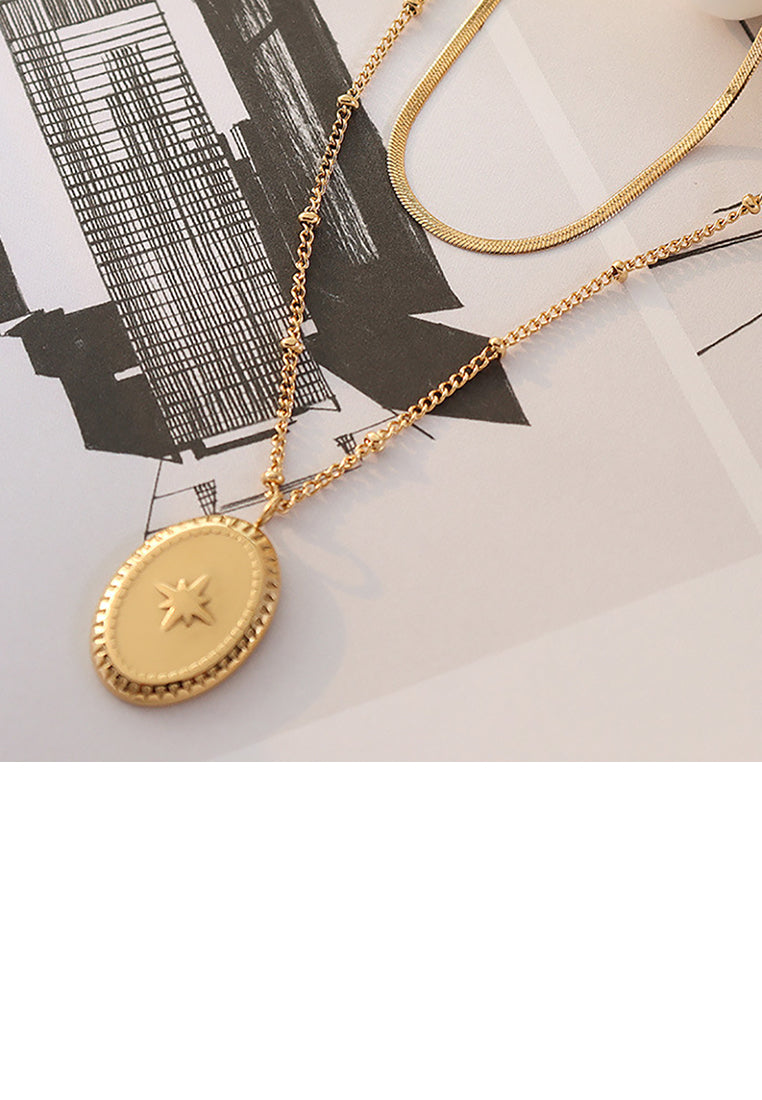 Simple Temperament Plated Gold 316L Stainless Steel Eight-pointed Star Geometric Oval Pendant with Double-layer Necklace