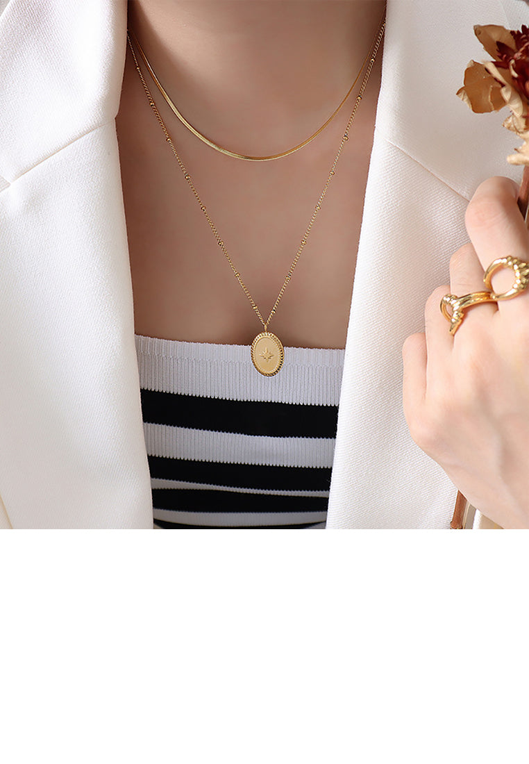 Simple Temperament Plated Gold 316L Stainless Steel Eight-pointed Star Geometric Oval Pendant with Double-layer Necklace