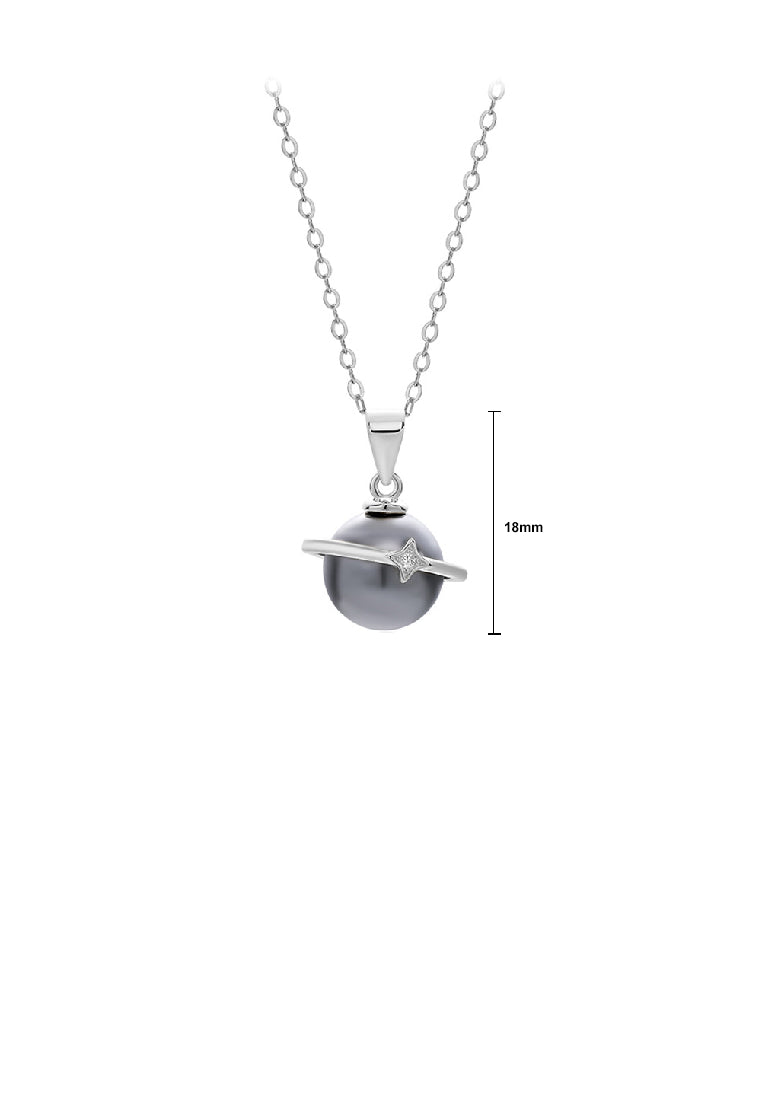 925 Sterling Silver Fashion Simple Planet Black Imitation Pearl Pendant with Cubic Zirconia and Necklace - Luxurious Look