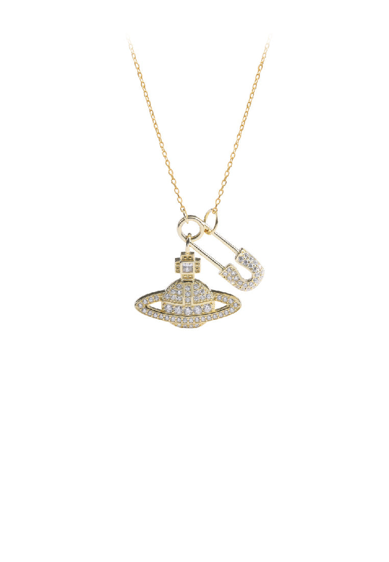 925 Sterling Silver Plated Gold Fashion Creative Paperclip Planet Pendant with Cubic Zirconia and Necklace - Luxurious Look