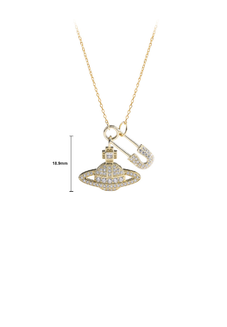 925 Sterling Silver Plated Gold Fashion Creative Paperclip Planet Pendant with Cubic Zirconia and Necklace - Luxurious Look