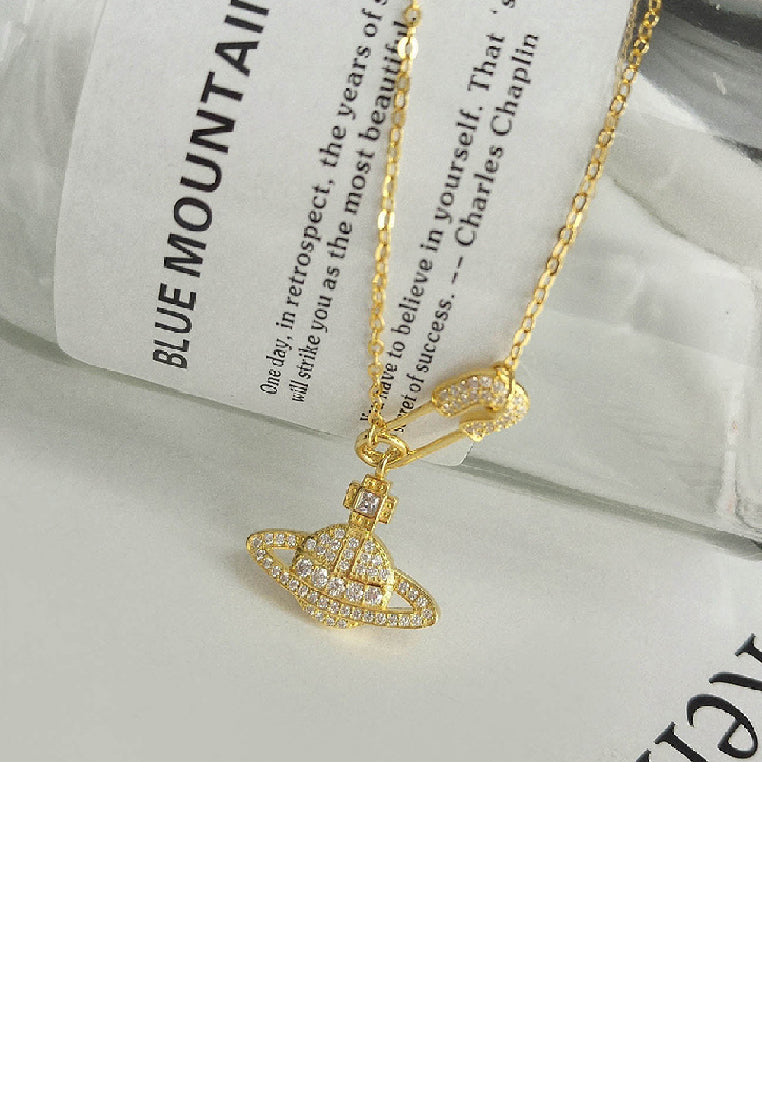 925 Sterling Silver Plated Gold Fashion Creative Paperclip Planet Pendant with Cubic Zirconia and Necklace - Luxurious Look