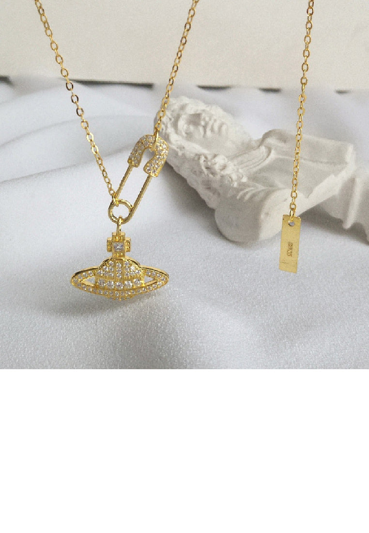 925 Sterling Silver Plated Gold Fashion Creative Paperclip Planet Pendant with Cubic Zirconia and Necklace - Luxurious Look