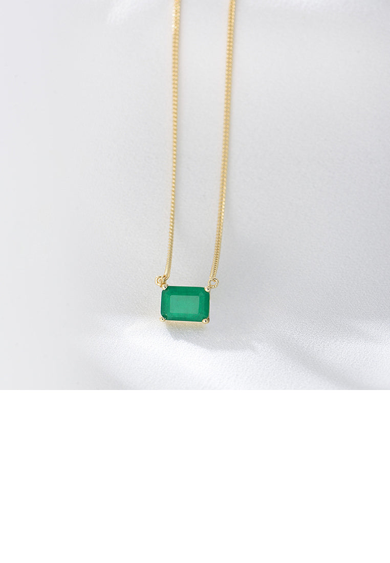 925 Sterling Silver Plated Gold Simple Fashion Geometric Square Pendant with Green Cubic Zirconia and Necklace - Luxurious Look