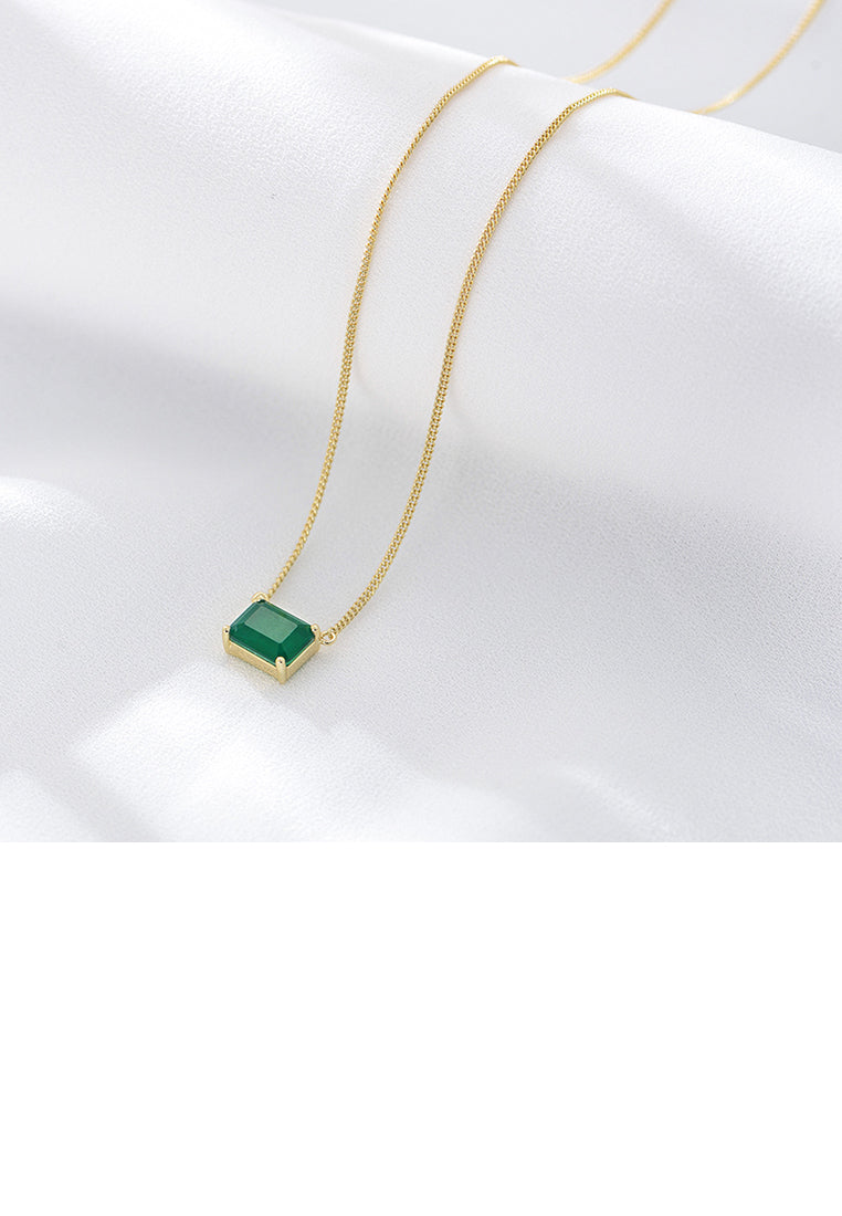 925 Sterling Silver Plated Gold Simple Fashion Geometric Square Pendant with Green Cubic Zirconia and Necklace - Luxurious Look