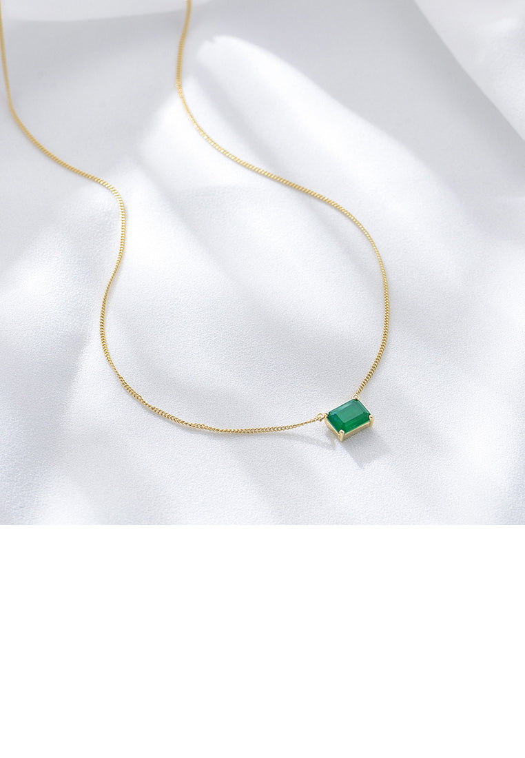 925 Sterling Silver Plated Gold Simple Fashion Geometric Square Pendant with Green Cubic Zirconia and Necklace - Luxurious Look