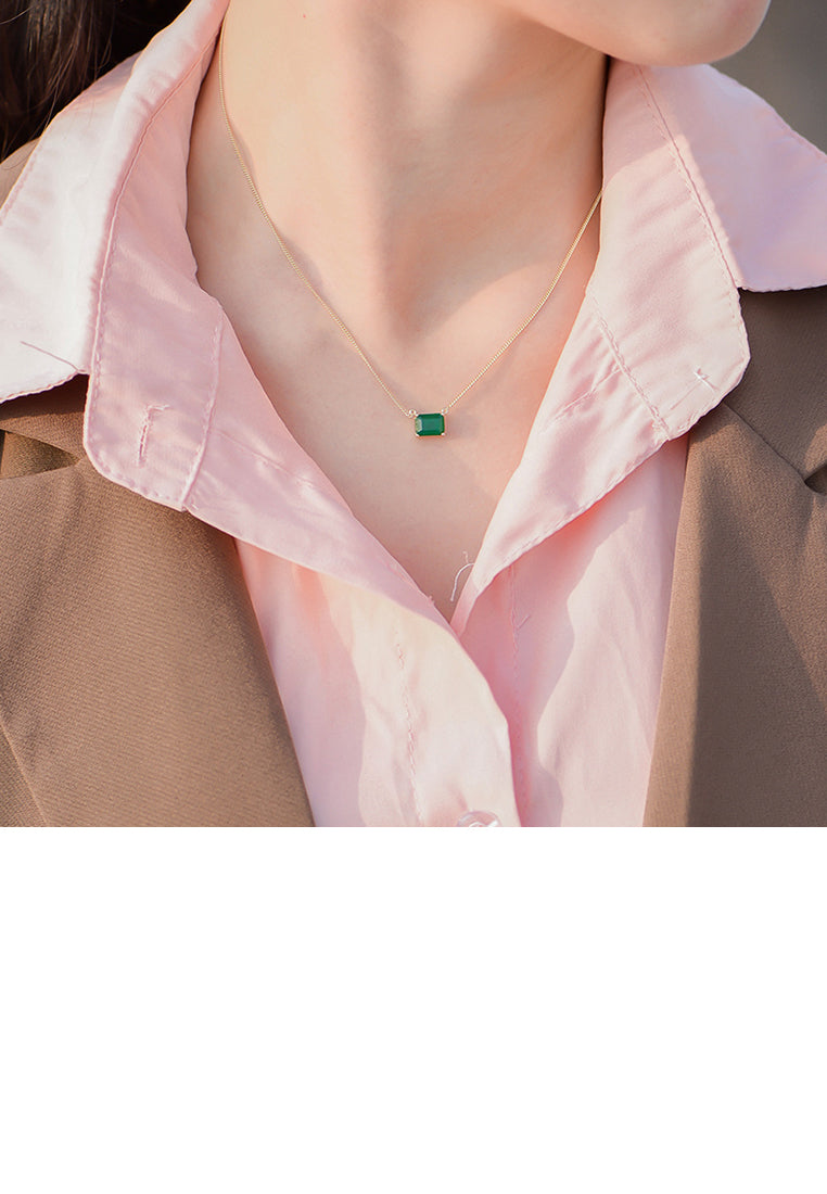 925 Sterling Silver Plated Gold Simple Fashion Geometric Square Pendant with Green Cubic Zirconia and Necklace - Luxurious Look