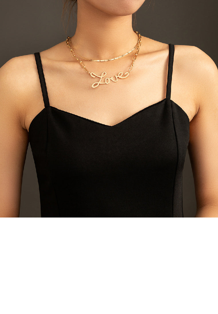 Simple Temperament Plated Gold LOVE Alphabet Pendant with Double Necklace