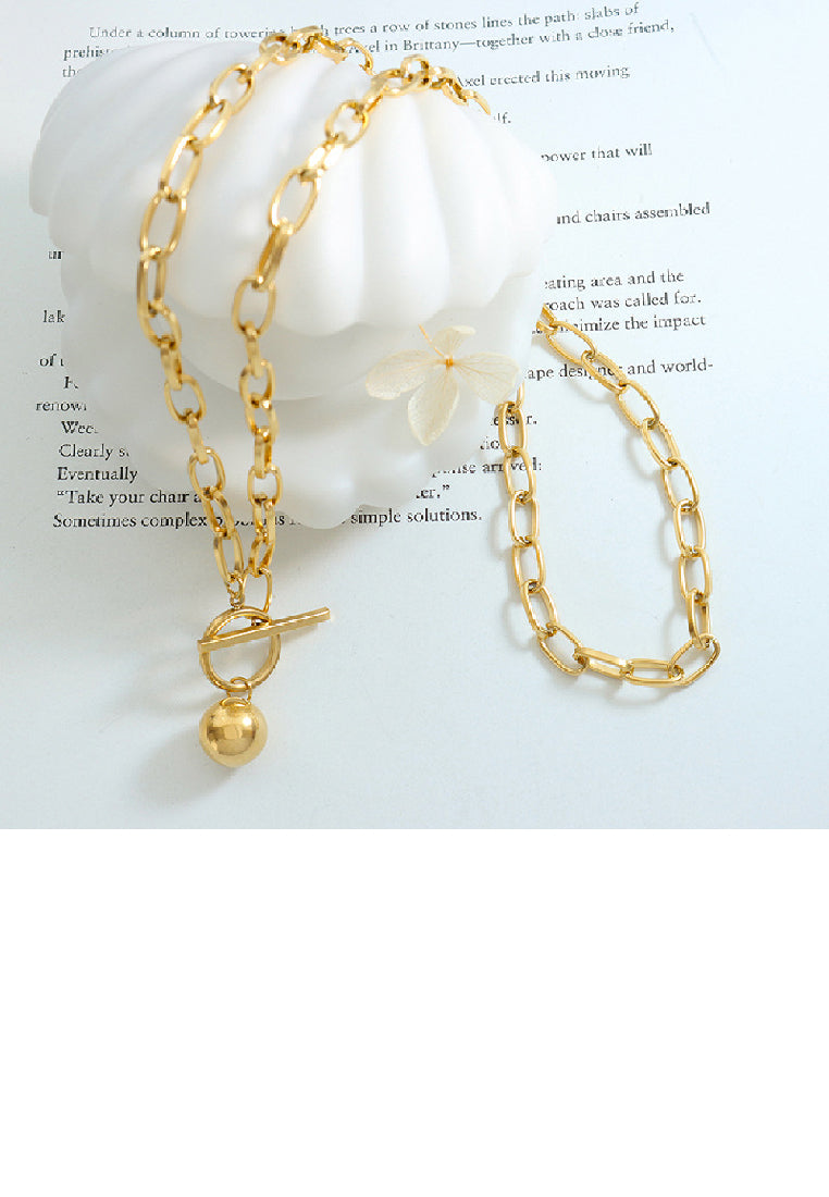 Fashion Simple Plated Gold 316L Stainless Steel Geometric Ball Pendant with Long Necklace