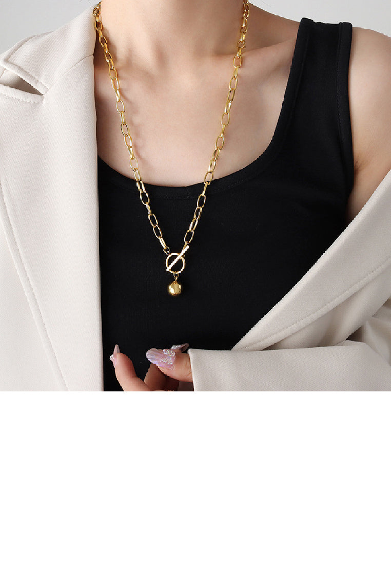 Fashion Simple Plated Gold 316L Stainless Steel Geometric Ball Pendant with Long Necklace