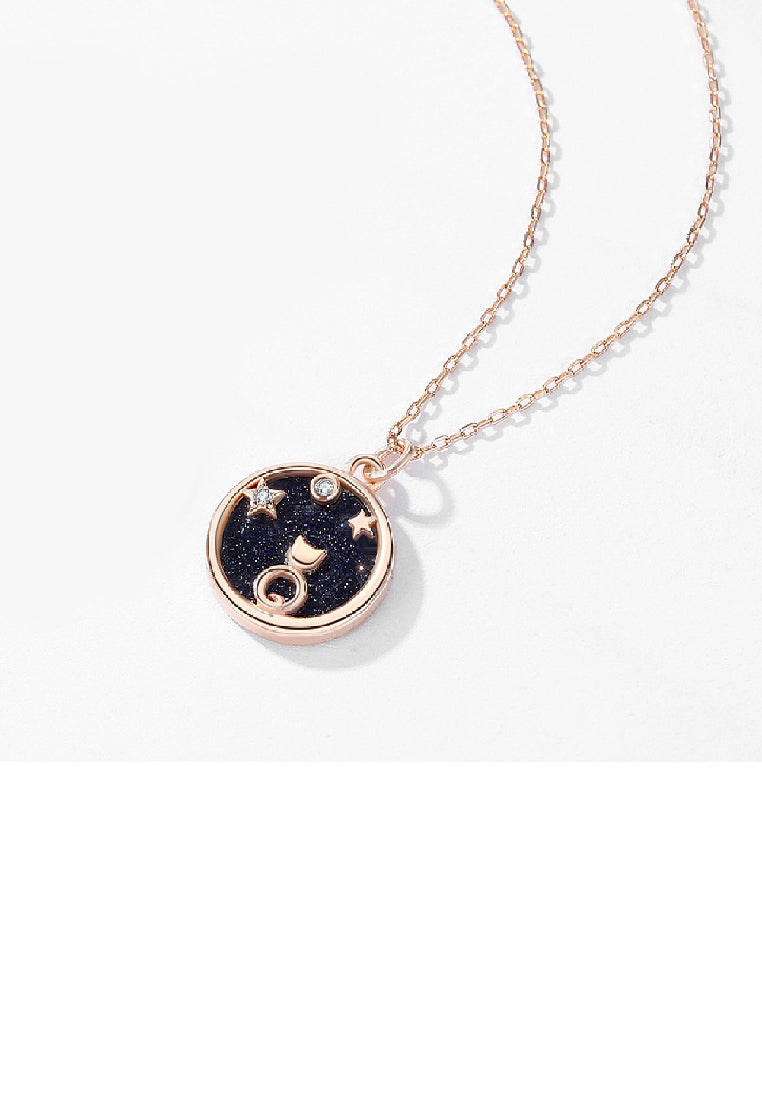 925 Sterling Silver Plated Rose Gold Fashion Fantasy Starry Cat Geometric Pendant with Cubic Zirconia and Necklace - Luxurious Look