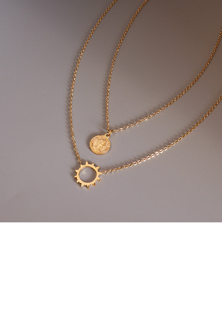 Fashion Personality Plated Gold 316L Stainless Steel Sun Goddess Pendant with Double Layer Necklace