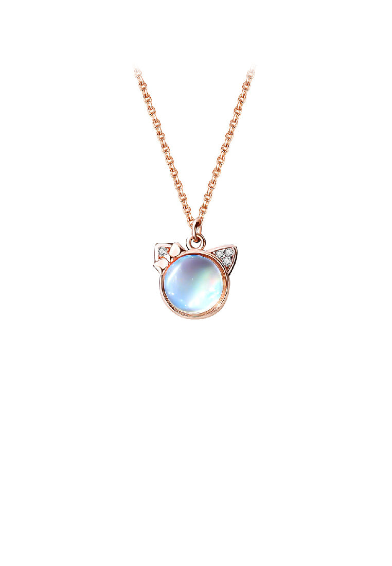 925 Sterling Silver Plated Rose Gold Fashion Cute Cat Moonstone Pendant with Cubic Zirconia and Necklace - Luxurious Look