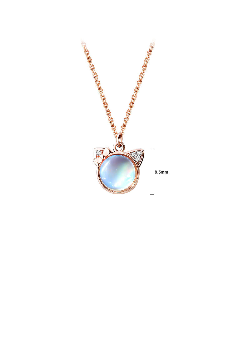 925 Sterling Silver Plated Rose Gold Fashion Cute Cat Moonstone Pendant with Cubic Zirconia and Necklace - Luxurious Look