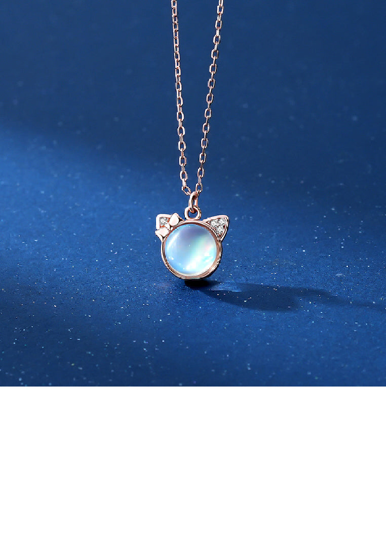 925 Sterling Silver Plated Rose Gold Fashion Cute Cat Moonstone Pendant with Cubic Zirconia and Necklace - Luxurious Look