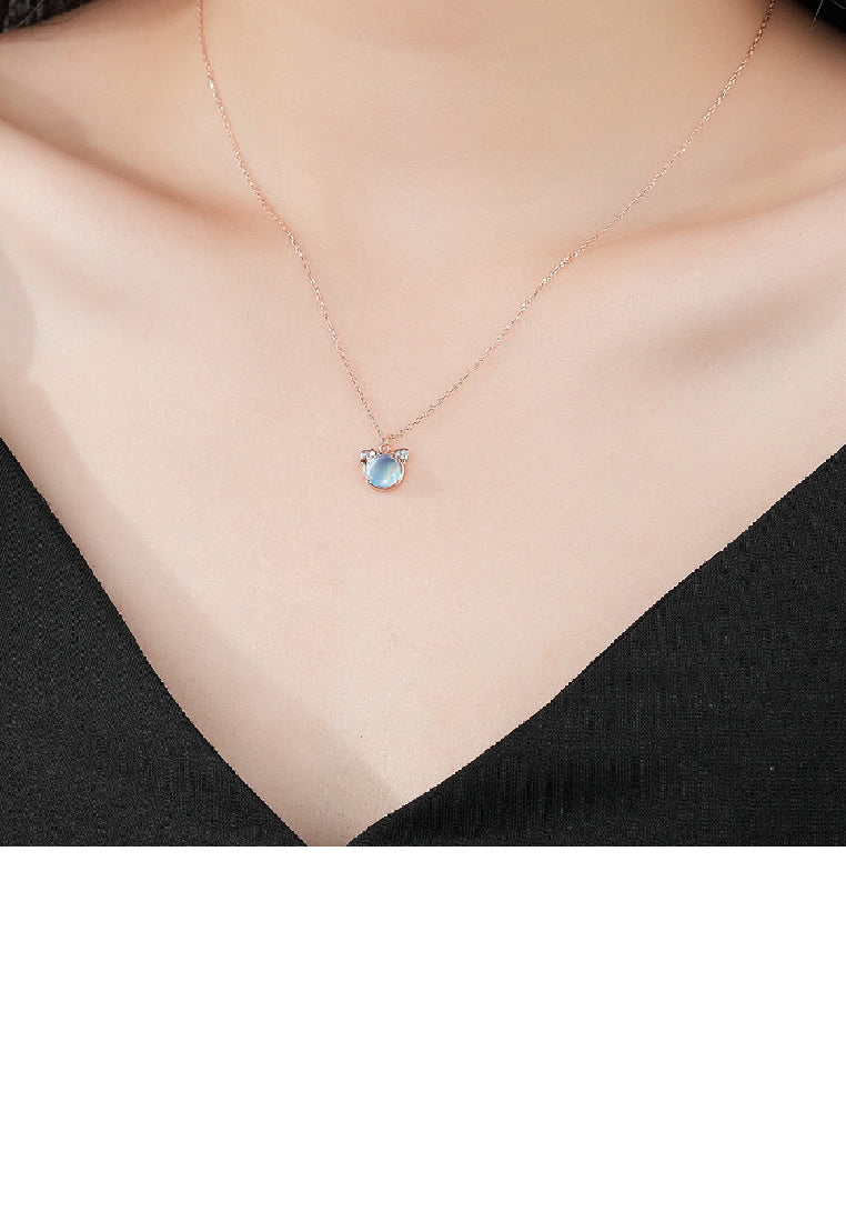925 Sterling Silver Plated Rose Gold Fashion Cute Cat Moonstone Pendant with Cubic Zirconia and Necklace - Luxurious Look