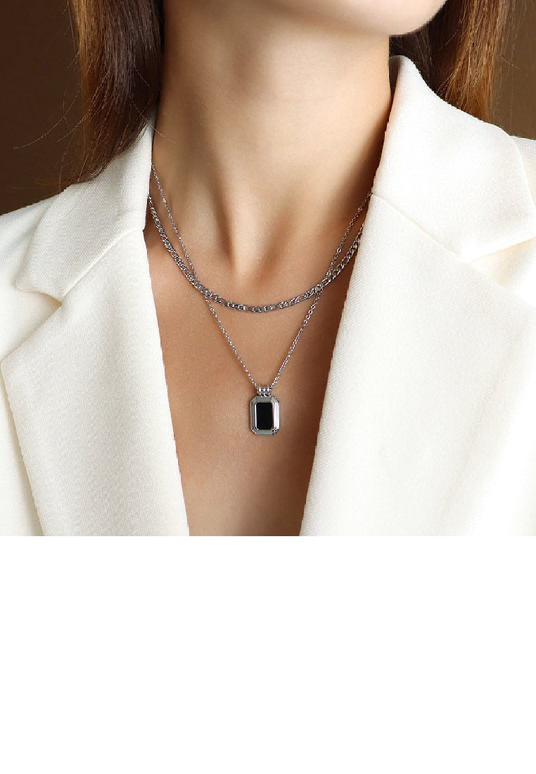 Fashion Simple 316L Stainless Steel Geometric Square Black Shell Pendant with Double Layer Necklace
