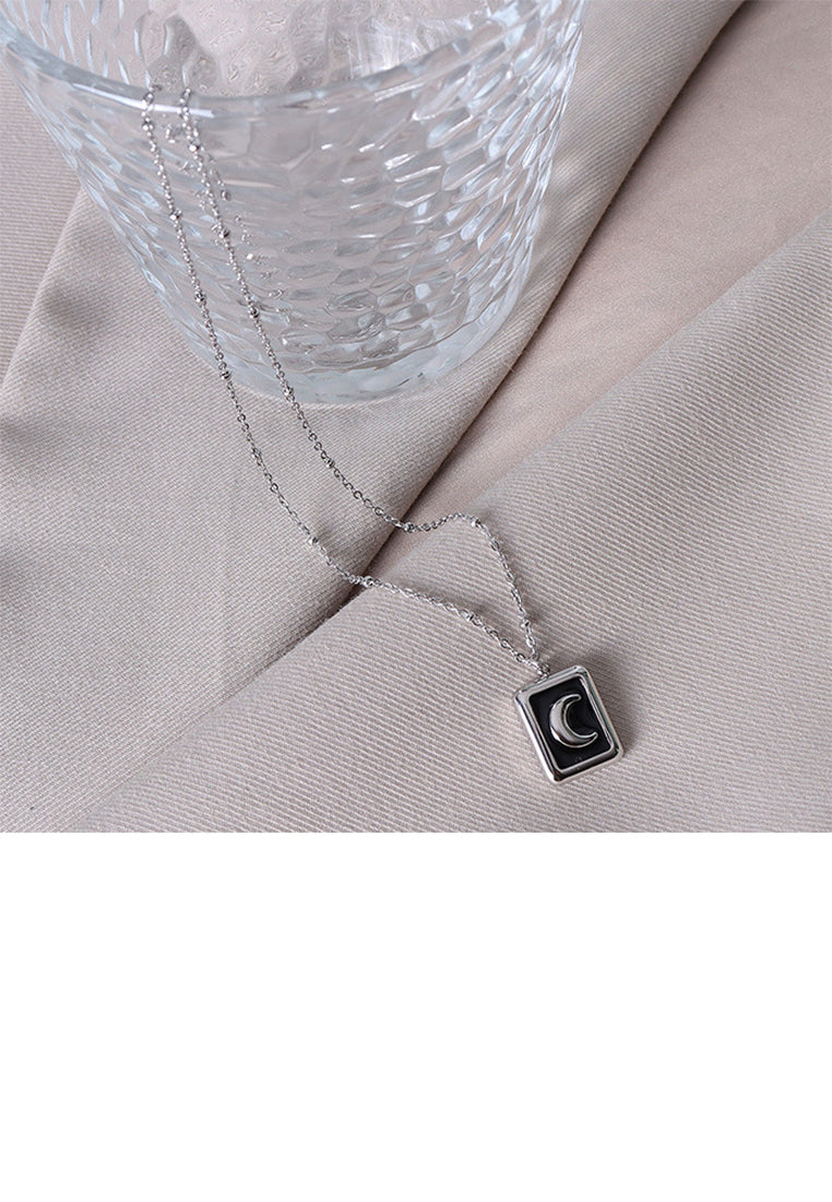 Fashion Simple 316L Stainless Steel Moon Geometric Square Pendant with Necklace