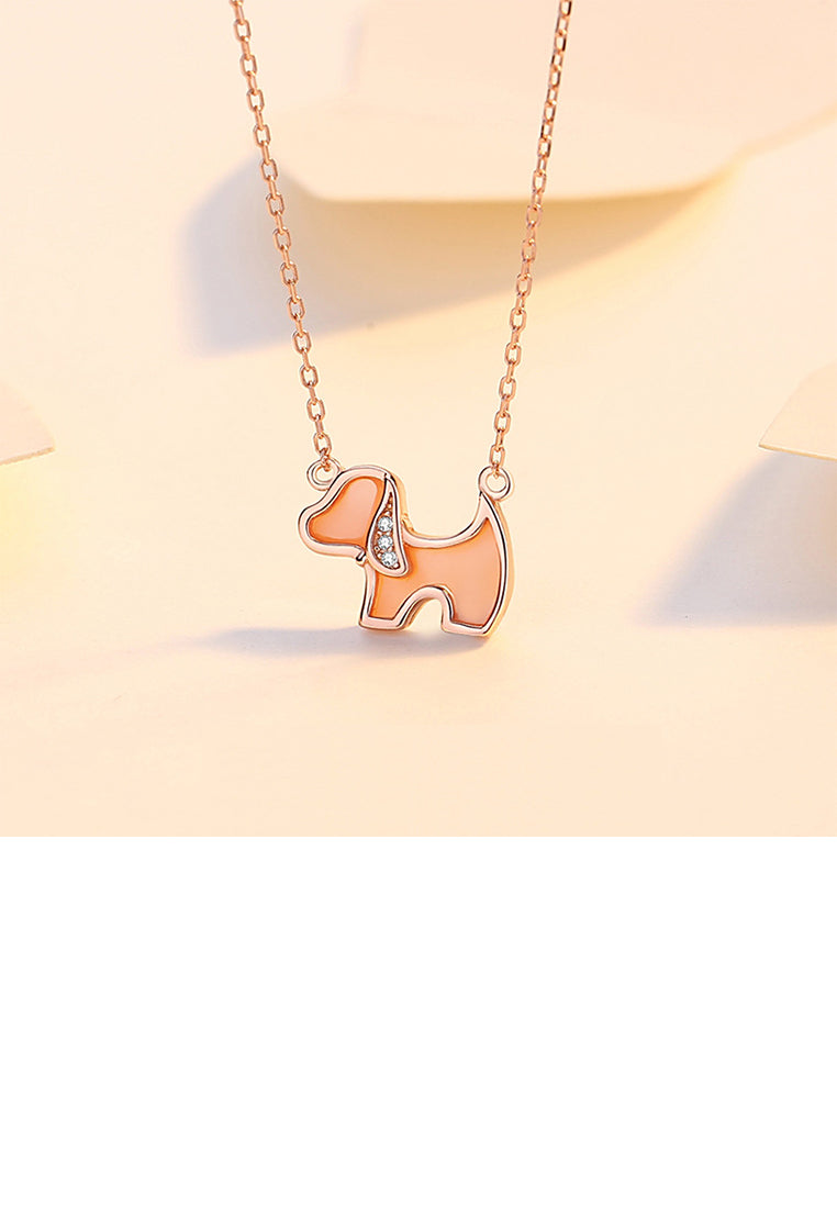 925 Sterling Silver Rose Plated Gold Simple Cute Puppy Pink Mother-of-pearl Pendant with Cubic Zirconia and Necklace - Luxurious Look - Vibrant Color