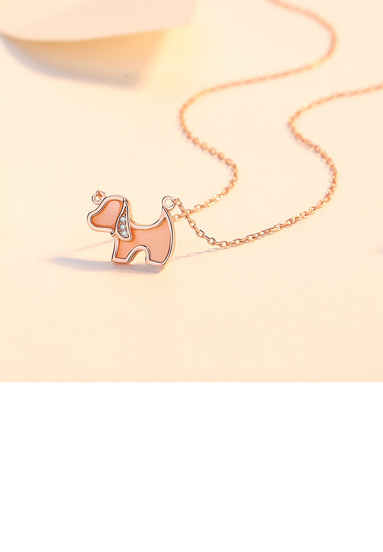 925 Sterling Silver Rose Plated Gold Simple Cute Puppy Pink Mother-of-pearl Pendant with Cubic Zirconia and Necklace - Luxurious Look - Vibrant Color