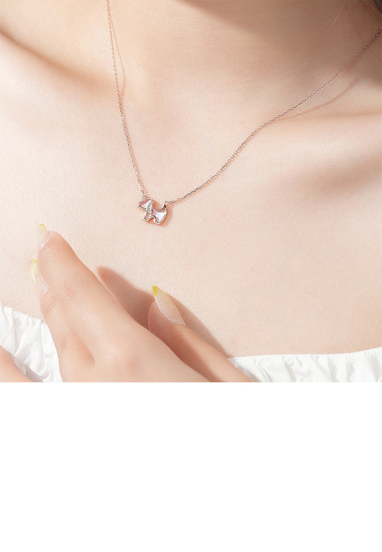925 Sterling Silver Rose Plated Gold Simple Cute Puppy Pink Mother-of-pearl Pendant with Cubic Zirconia and Necklace - Luxurious Look - Vibrant Color