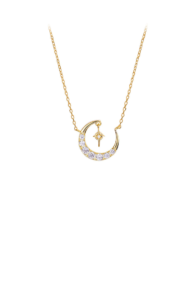 925 Sterling Silver Plated Gold Fashion Simple Moon Star Pendant with Cubic Zirconia and Necklace - Luxurious Look