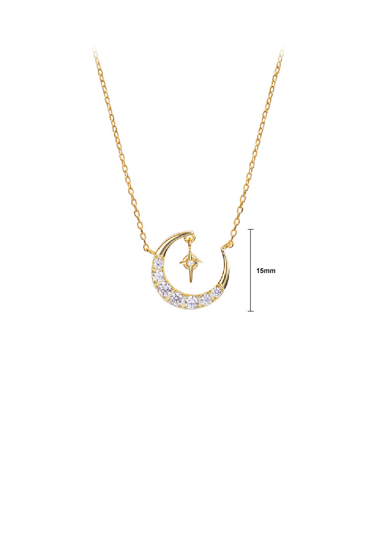 925 Sterling Silver Plated Gold Fashion Simple Moon Star Pendant with Cubic Zirconia and Necklace - Luxurious Look