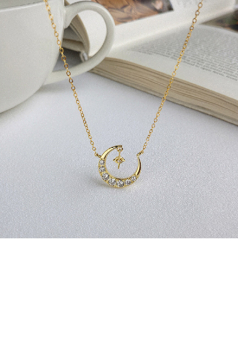925 Sterling Silver Plated Gold Fashion Simple Moon Star Pendant with Cubic Zirconia and Necklace - Luxurious Look