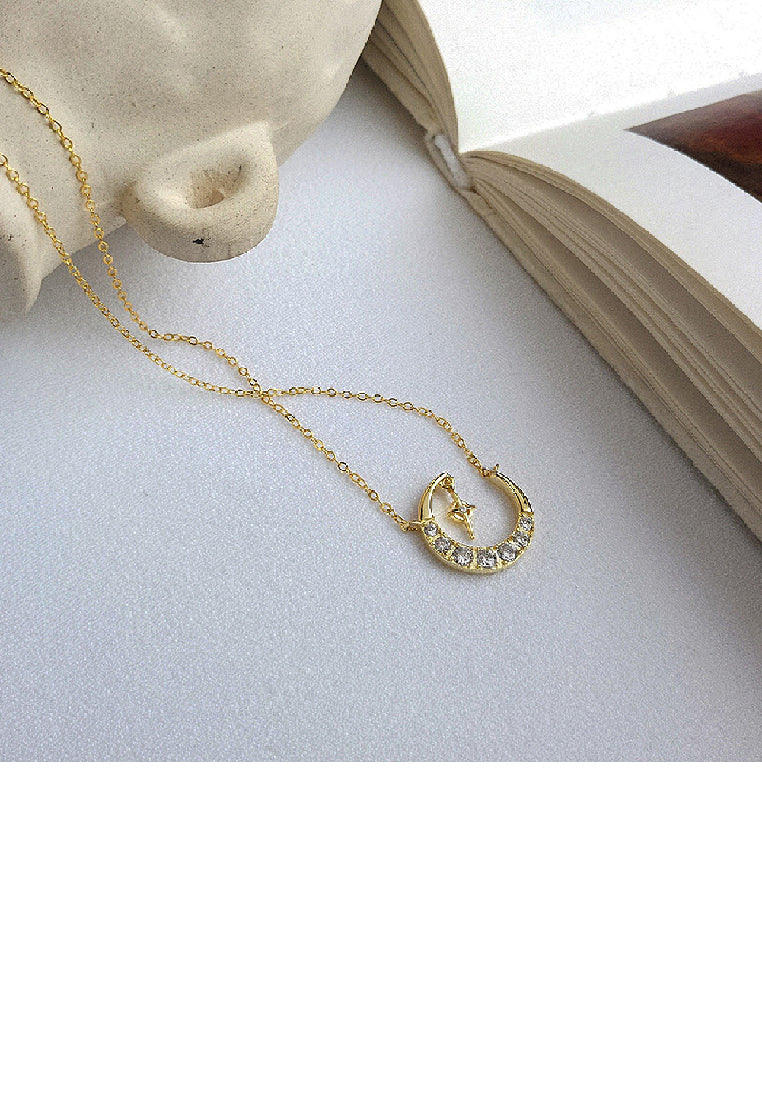 925 Sterling Silver Plated Gold Fashion Simple Moon Star Pendant with Cubic Zirconia and Necklace - Luxurious Look