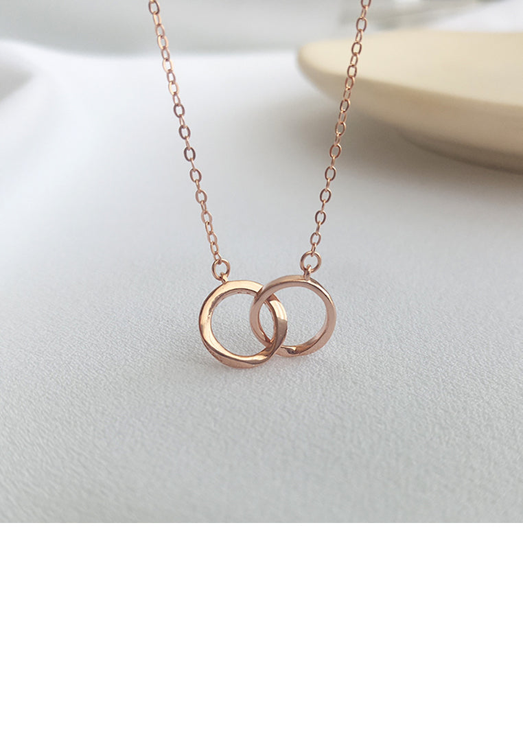925 Sterling Silver Plated Rose Gold Simple Fashion Double Ring Pendant with Necklace