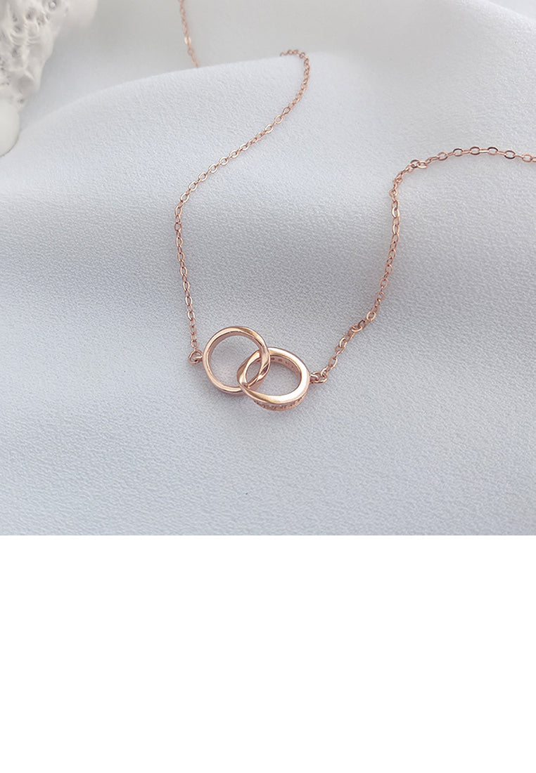 925 Sterling Silver Plated Rose Gold Simple Fashion Double Ring Pendant with Necklace