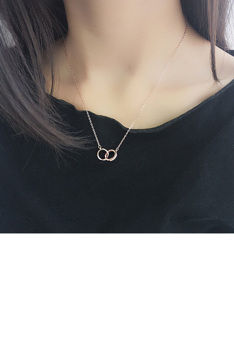 925 Sterling Silver Plated Rose Gold Simple Fashion Double Ring Pendant with Necklace
