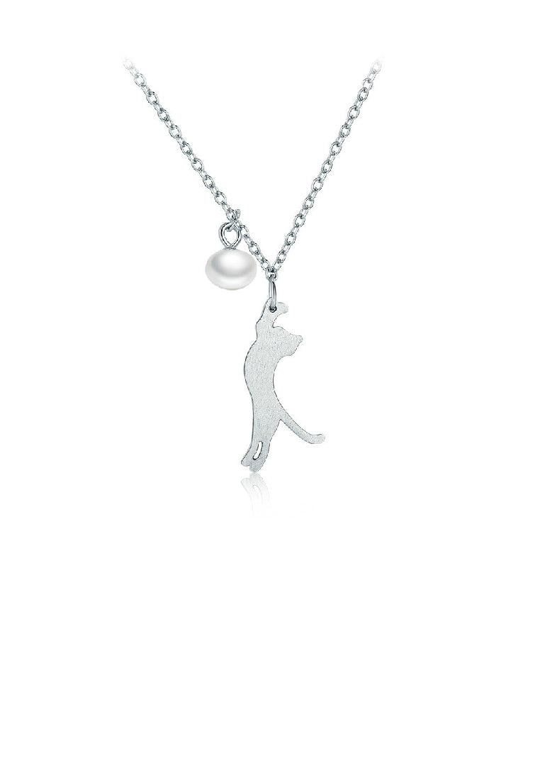 925 Sterling Silver Simple Cute Cat Imitation Pearl Pendant with Necklace - Luxurious Look
