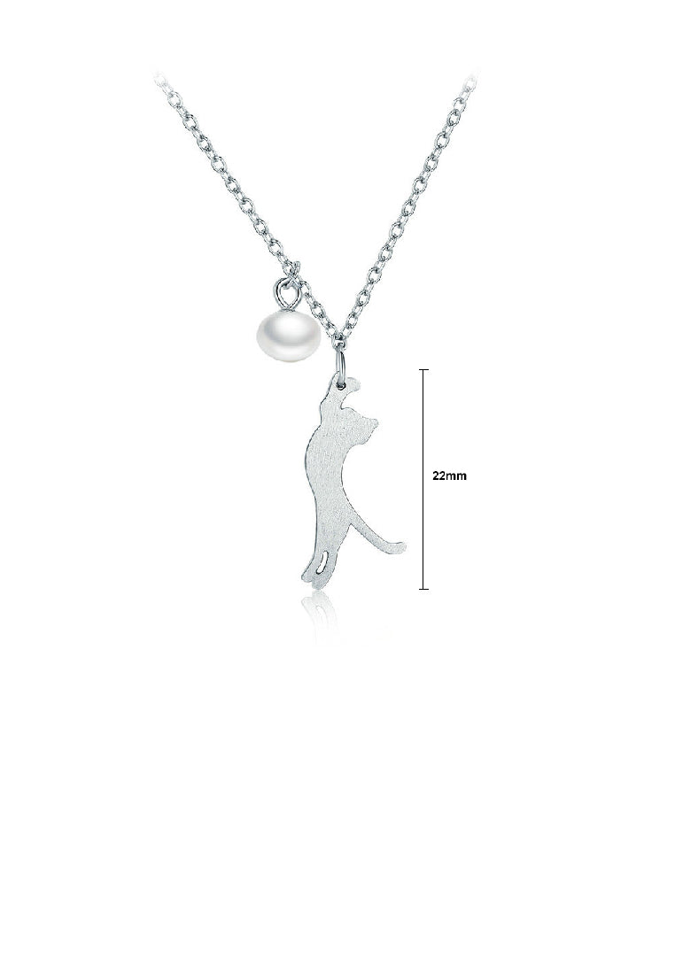 925 Sterling Silver Simple Cute Cat Imitation Pearl Pendant with Necklace - Luxurious Look