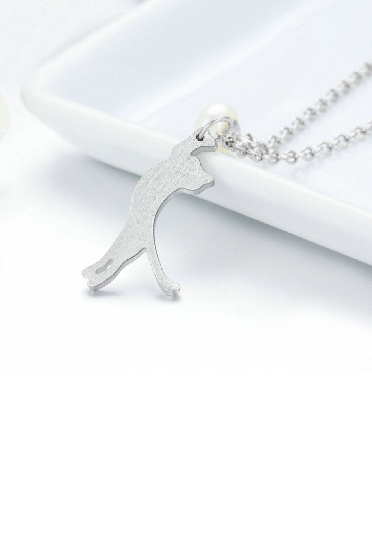 925 Sterling Silver Simple Cute Cat Imitation Pearl Pendant with Necklace - Luxurious Look