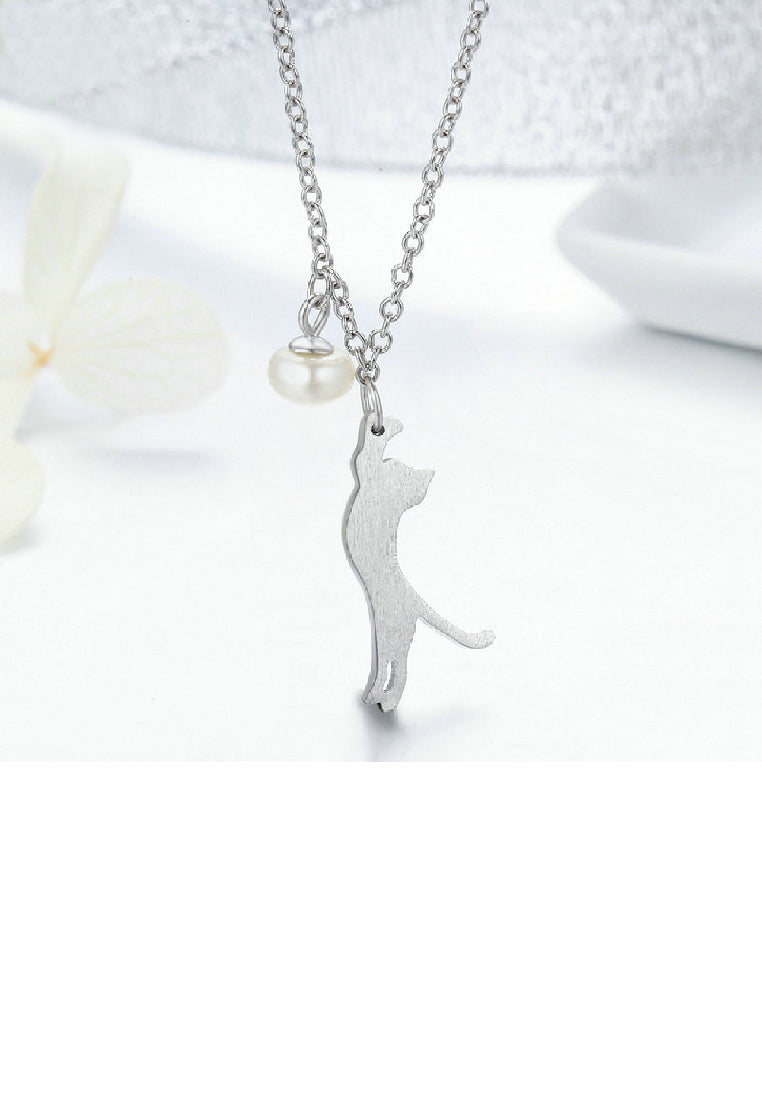 925 Sterling Silver Simple Cute Cat Imitation Pearl Pendant with Necklace - Luxurious Look
