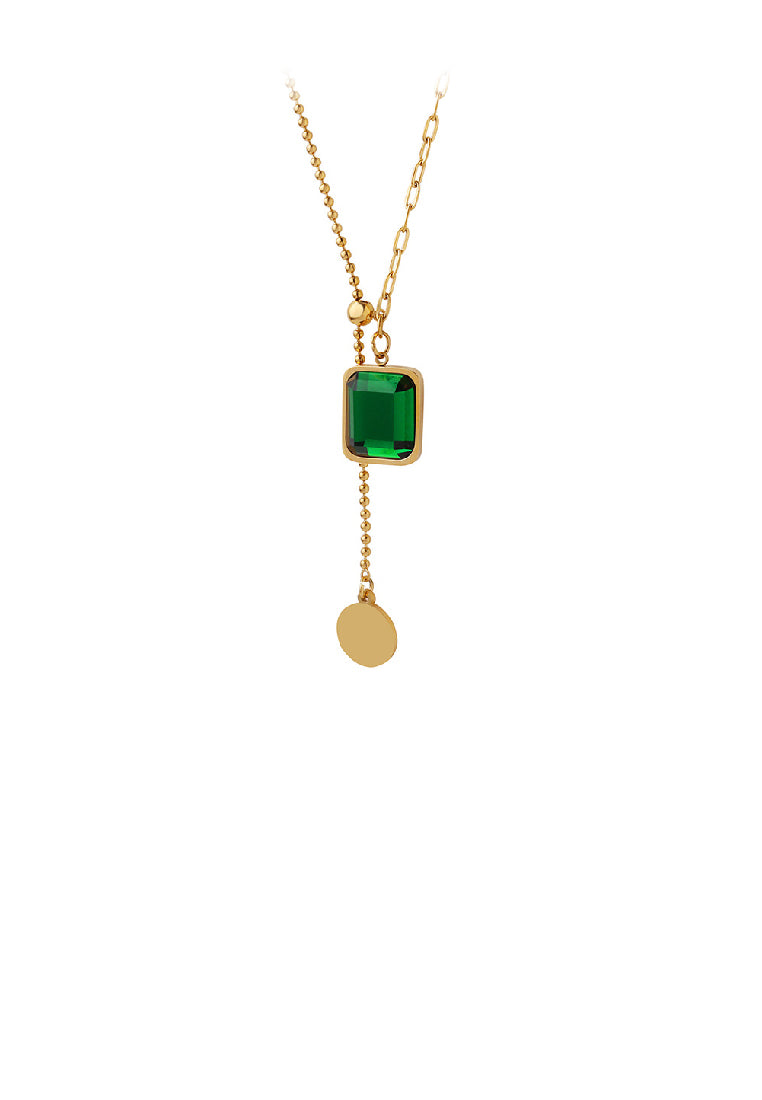 Fashion Temperament Plated Gold 316L Stainless Steel Geometric Square Tassel Pendant with Green Cubic Zirconia and Necklace - Luxurious Look
