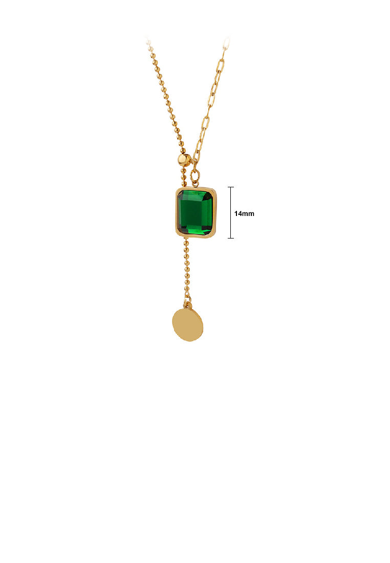 Fashion Temperament Plated Gold 316L Stainless Steel Geometric Square Tassel Pendant with Green Cubic Zirconia and Necklace - Luxurious Look