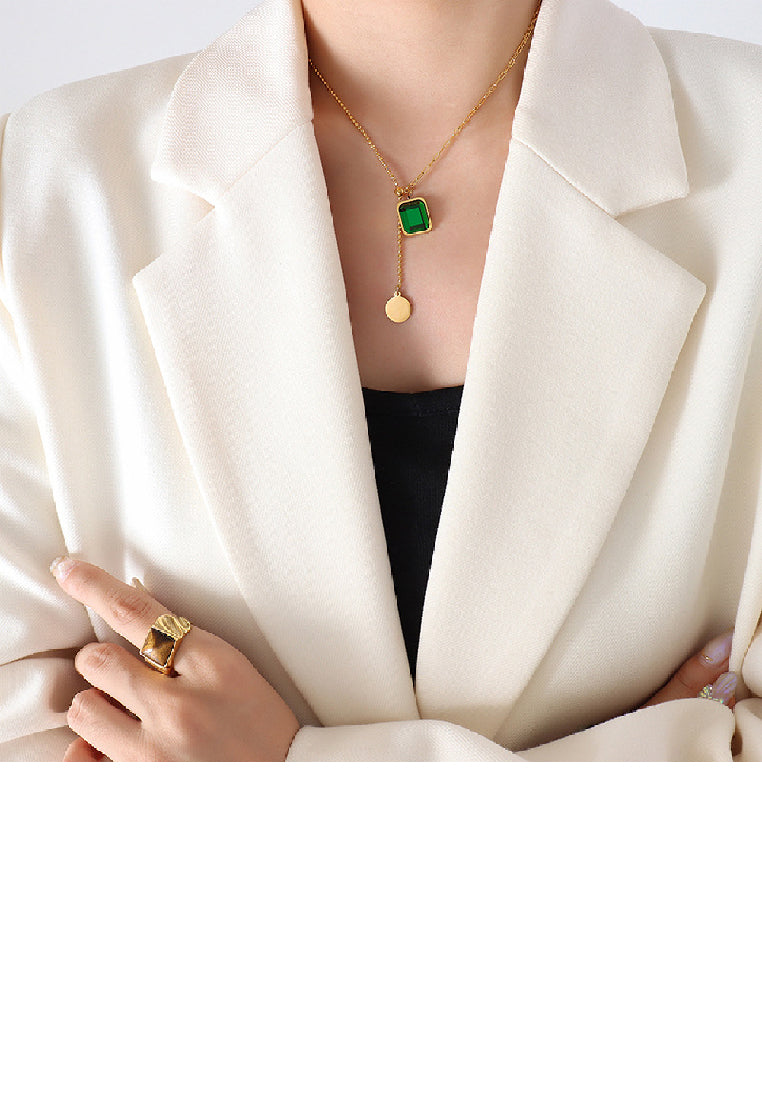 Fashion Temperament Plated Gold 316L Stainless Steel Geometric Square Tassel Pendant with Green Cubic Zirconia and Necklace - Luxurious Look