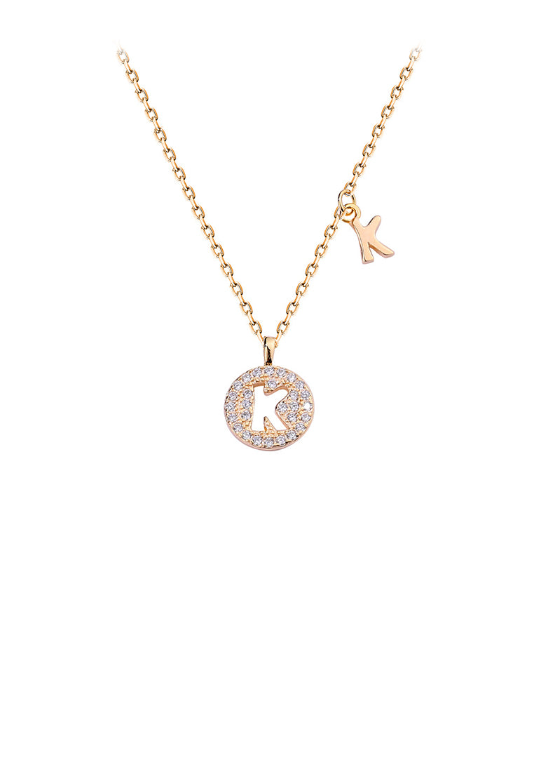 925 Sterling Silver Plated Champagne Gold Fashion Simple Hollow Alphabet K Geometric Round Pendant with Cubic Zirconia and Necklace - Luxurious Look