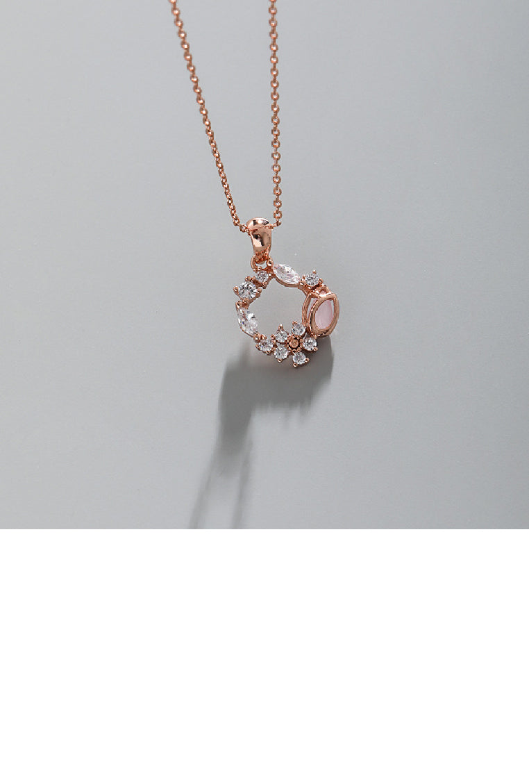925 Sterling Silver Plated Rose Gold Fashion Simple Flower Round Pendant with Cubic Zirconia and Necklace - Luxurious Look