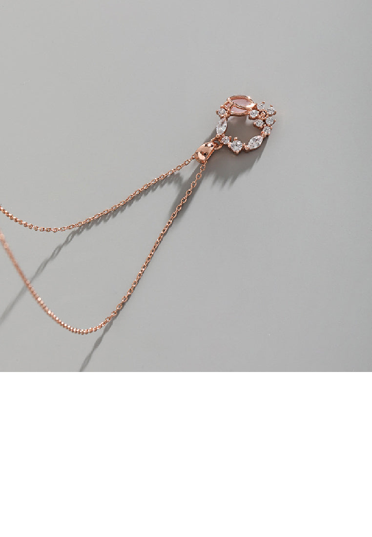 925 Sterling Silver Plated Rose Gold Fashion Simple Flower Round Pendant with Cubic Zirconia and Necklace - Luxurious Look