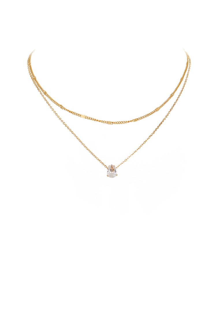Simple Fashion Plated Gold Geometric Water Drop Shaped Cubic Zirconia Pendant with Double Layer Necklace - Luxurious Look