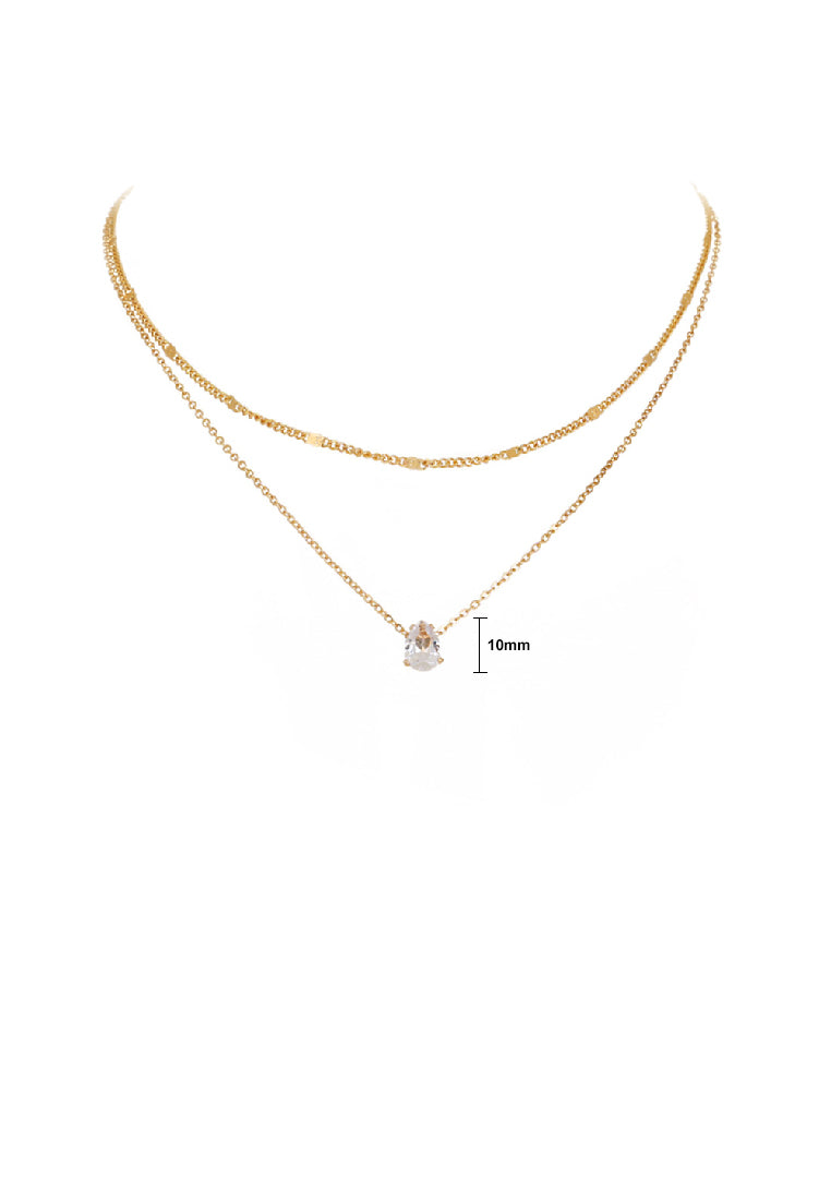 Simple Fashion Plated Gold Geometric Water Drop Shaped Cubic Zirconia Pendant with Double Layer Necklace - Luxurious Look